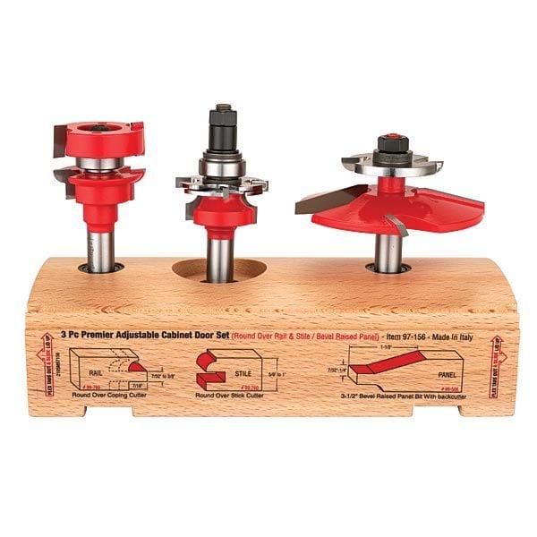 97-156 Adjustable Rail And Stile 3-Pc Door Router Bit Set Bevel Panel W/Bc Round Rail 1/2" Shank